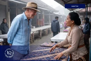 An older male tourist in a hat speaking with a female market vendor who is showing him patterned batik fabric, illustrating a real-life opportunity to use the indonesian language for shopping.